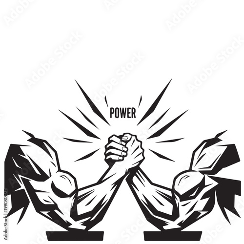 Arm wrestling vector illustration of two muscular arms in competition with power text for fitness and sports branding