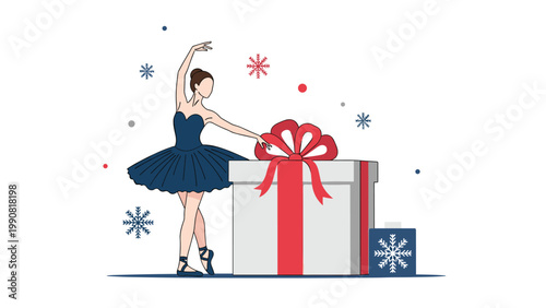 Graceful ballerina in a blue tutu, delicately touching a large white Christmas gift box with a red bow, surrounded by festive snowflakes and abstract shapes.