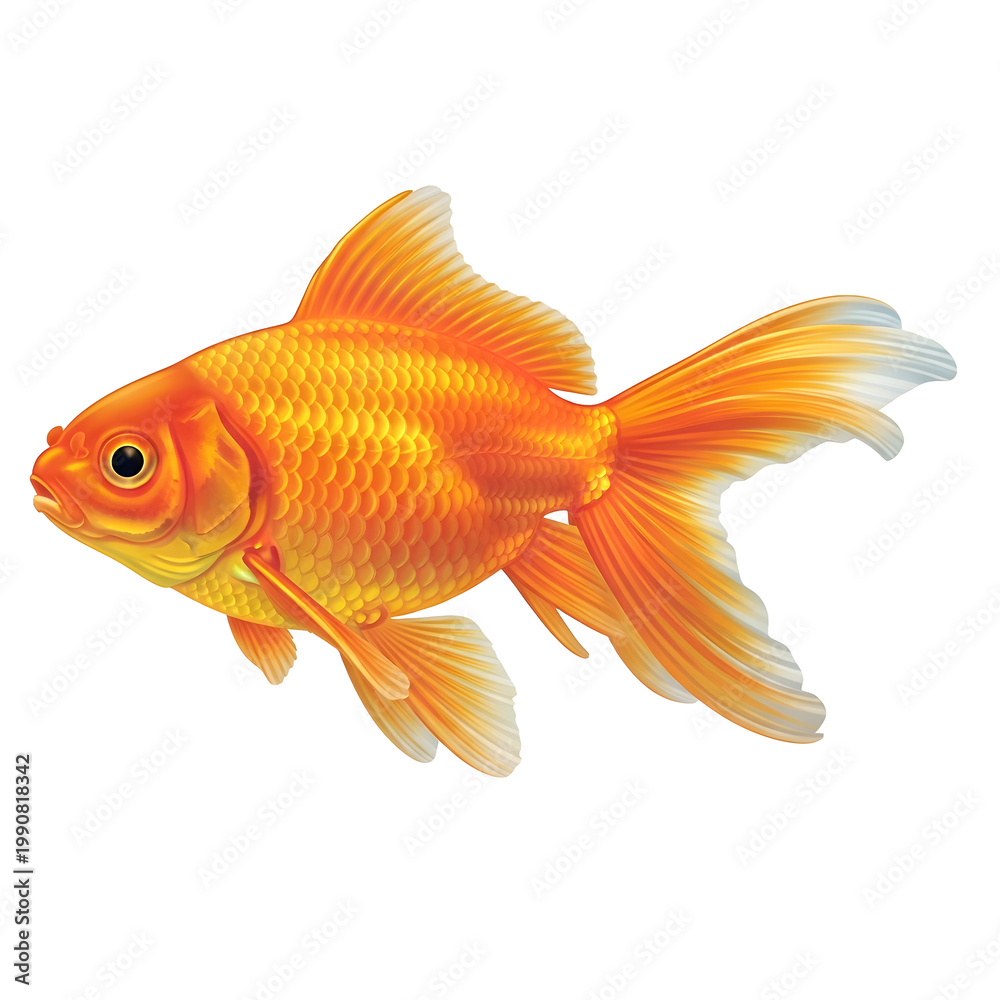 Fototapeta premium Bright orange goldfish isolated on a clean white background showing a vibrant aquatic pet in clear detail