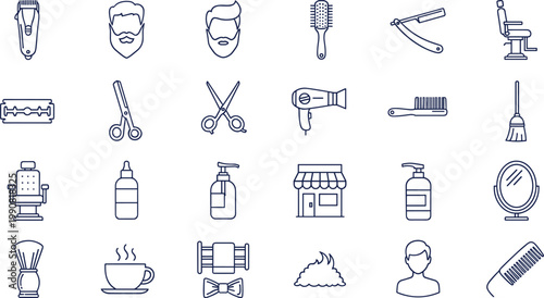 Barbershop grooming icon set, straight razor, barber chair, scissors, hairdryer, comb, barber pole, shaving brush, editable vector outline design