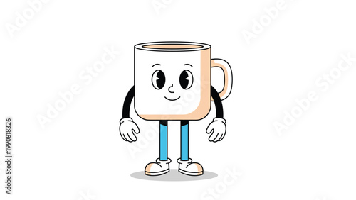 Whimsical vintage cartoon coffee cup character with a cheerful face and outstretched arms, bringing a playful and nostalgic touch to beverage themes.