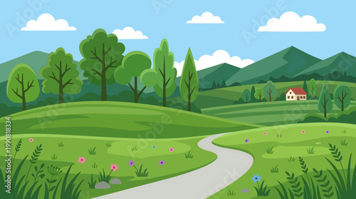 Idyllic country landscape with rolling green hills, a winding path leading to a cozy house, and vibrant wildflowers under a blue sky with fluffy clouds
