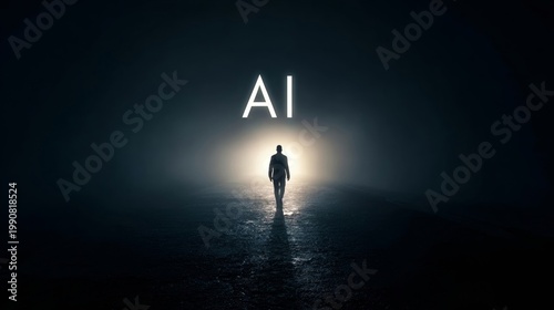 A man walks towards the light of artificial intelligence