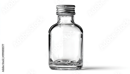 Small clear glass bottle with metallic cap, isolated against white