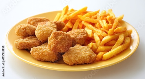 Crispy golden fried chicken bites and fries on a yellow plate