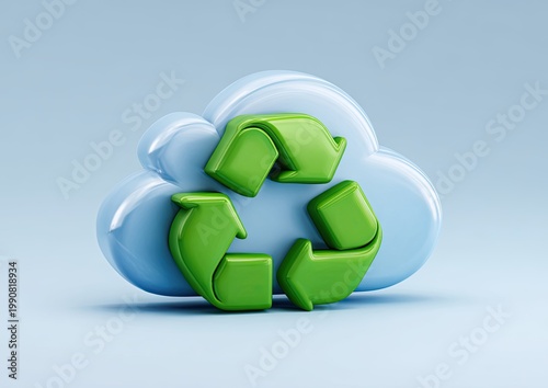 Glossy blue cloud icon with bright green recycling symbol superimposed