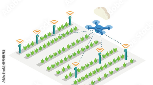 Isometric smart agriculture vector illustration showing a drone monitoring crops with wireless sensors for precision farming and data analysis