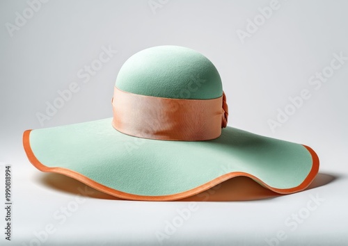 Mint green wide-brimmed hat with peach ribbon and orange trim