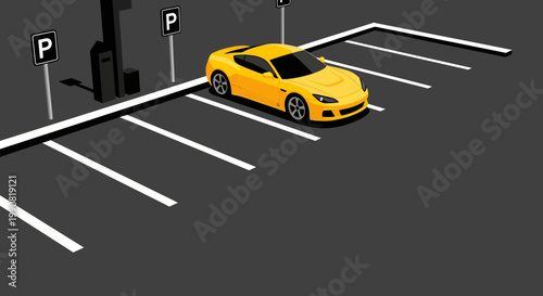 Yellow sports car parked in a parking lot with white lines