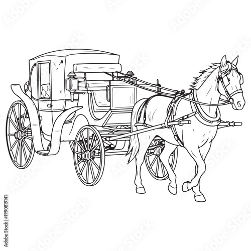 Vintage horse-drawn carriage line art illustration for coloring book or historical design