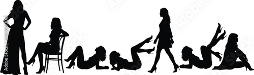 Silhouette Collection of Elegant Poses with Woman in Various Sitting and Standing Positions for Fashion and Art Illustrations
