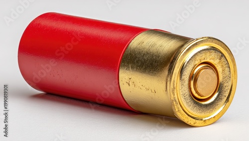 Close-up of a red and brass shotgun shell on a white background