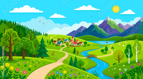 Scenic countryside landscape with a charming village nestled amidst rolling hills, a winding river, and vibrant wildflowers under a bright sunny sky