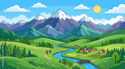 Beautiful Scenic Landscape Illustration of a Pristine Mountain Valley with a Winding River, Green Fields, and a Small Village Under a Bright Sunny Sky with Fluffy Clouds