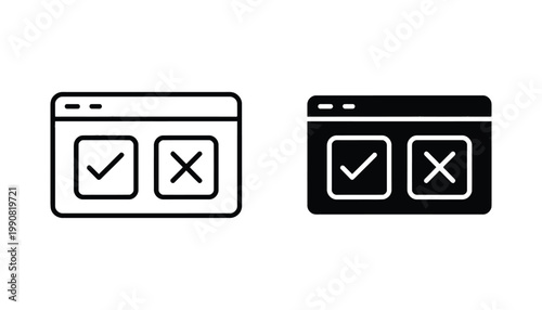 Website browser window with check and cross icons set featuring outline and solid black styles for user interface feedback and validation design elements