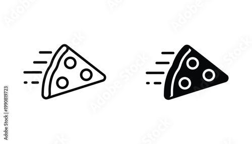 Fast moving pizza slice vector icon set featuring motion lines in outline and solid black styles for food delivery service branding or mobile application UI