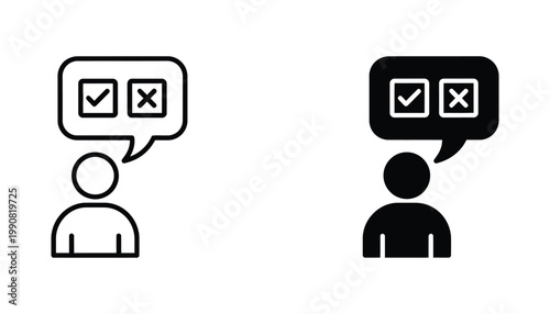User feedback survey icon set showing person with speech bubble and checkmark cross boxes as vector illustration for website interface design and customer satisfaction review systems