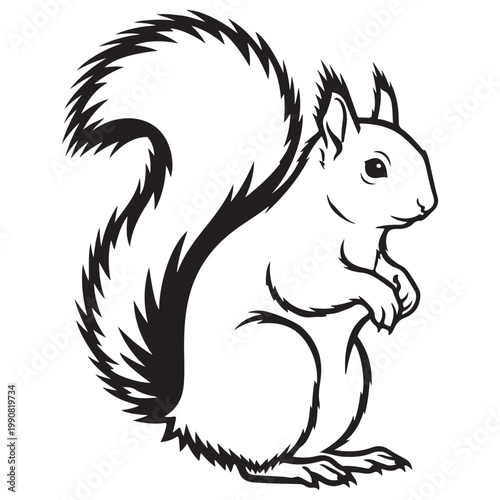 Black and white squirrel vector illustration standing on hind legs for nature logo or coloring book page