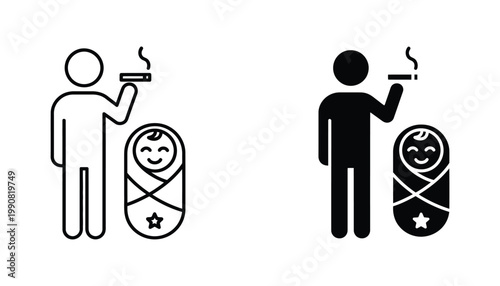 Parent smoking cigarette near baby icon set as vector illustration depicting health warning and child safety awareness symbols for public health campaigns and medical infographics