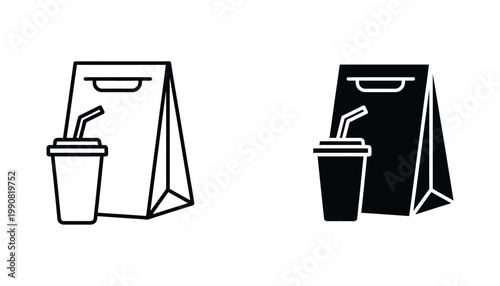 Takeaway food bag and drink cup vector icons set featuring outline and solid styles for restaurant delivery or cafe branding and mobile application interfaces