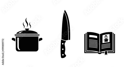 Culinary essentials: Steaming pot, sharp chef's knife, and open recipe book. Kitchen cooking tools and food preparation icons.