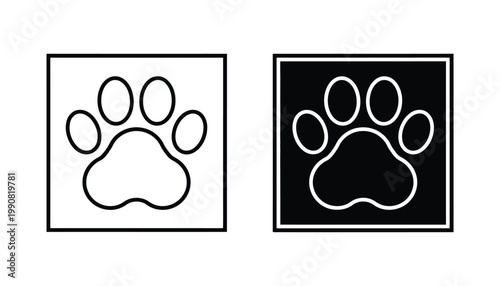 Paw print icon set inside square frame featuring outline and solid black vector designs for pet shop branding or animal shelter mobile applications