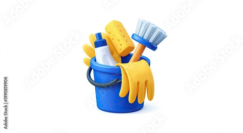 Bright blue bucket filled with yellow gloves, sponge, brush, and cleaner