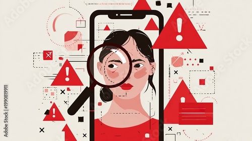 A concerned woman looks at her phone with warning signs around her