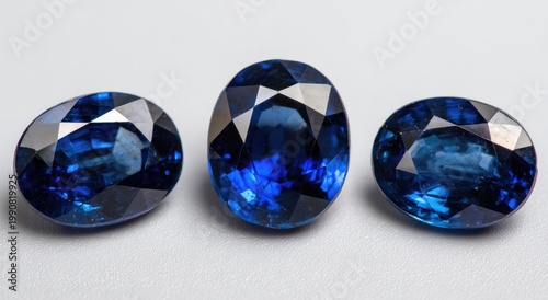 Three oval deep blue faceted gemstones sparkling with intense brilliance