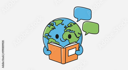Cute Cartoon Earth Character Reading Book with Speech Bubbles Global Education and Communication Concept