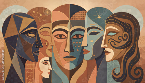 Diverse Minds: Group of abstract face geometric style merging into one composition representing unity and peaceful human emotion in modern art illustration