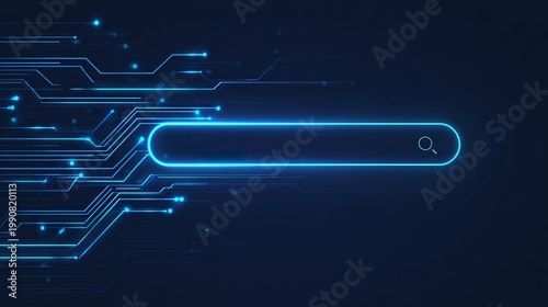 A glowing blue search bar on a dark background with circuit board lines
