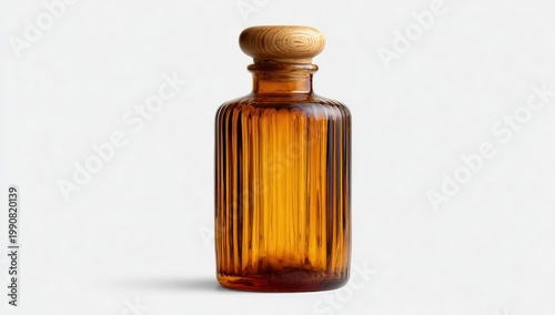 Amber glass bottle with vertical fluting and a smooth wooden stopper