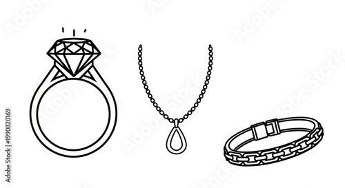 Line art vector icons of luxury jewelry: sparkling diamond ring, elegant pendant necklace, and fashionable chain bracelet. Fashion accessories.