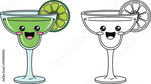 Cute Kawaii Margarita Cocktail with Lime Happy Drink Illustration