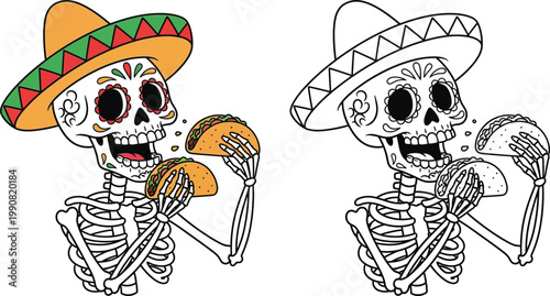 Day of the Dead Skeleton Eating Tacos in Sombrero Festive Calavera Illustration