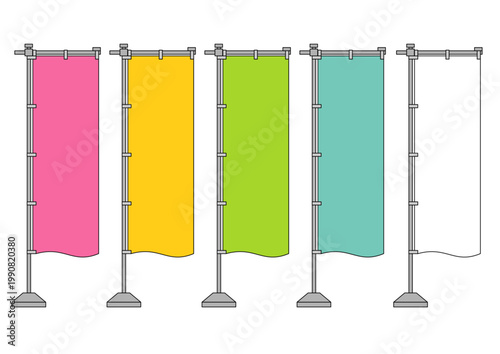 旗めくパステルカラーや白ののぼりのイラストのセット_スタンド有り