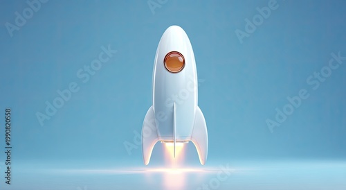 Sleek white rocket ascends, emitting bright orange flames against a soft blue background