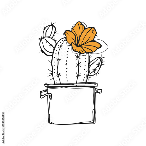 Hand Drawn Doodle Blooming Cactus with Yellow Orange Flower in Metal Pot Sketch Vector