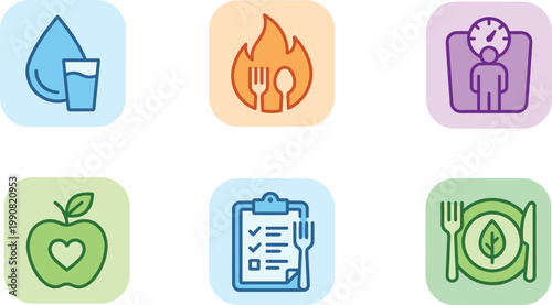 Vector Health and Fitness Icon Set for Diet Tracking, Nutrition Management, Calorie Counting, Healthy Eating Habits, and Weight Loss Progress.