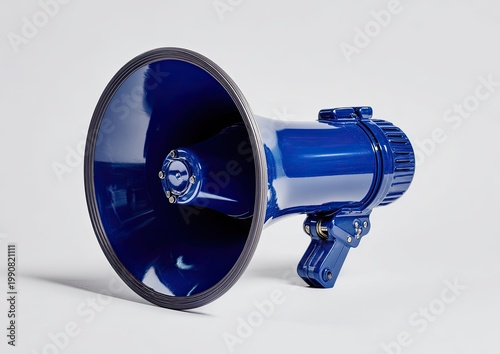 A glossy blue megaphone sits isolated on a plain white background