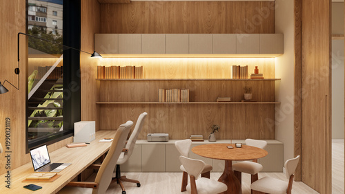 Modern Warm Wood Home Office Interior with Round Meeting Table