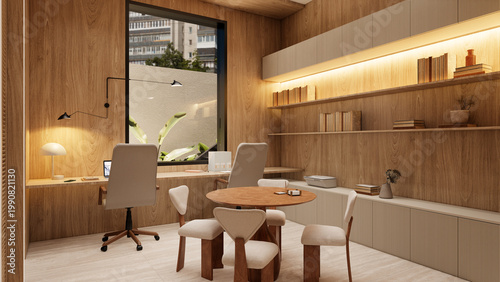 Modern Warm Wood Home Office Interior with Round Meeting Table