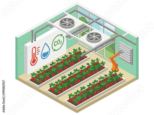 Isometric vector illustration of smart agriculture in a greenhouse with automated climate control and robotic assistance for crop growth