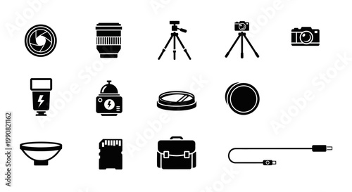 Professional Photography Equipment Icons Set. Camera, Lens, Tripod, Flash, SD Card, Accessories, Flat Vector Glyphs.