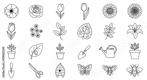 Gardening and Nature Line Art Icons Set. Botanical Flowers, Plants, Tools, and Insects Vector Collection.