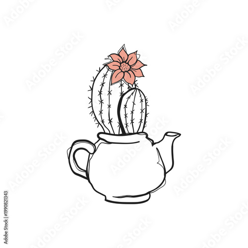 Hand Drawn Doodle Blooming Cactus with Pink Flower in White Teapot Sketch Vector