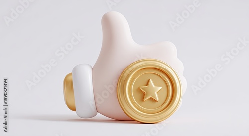 3D cartoon thumb with gold coin and star, indicating approval or reward