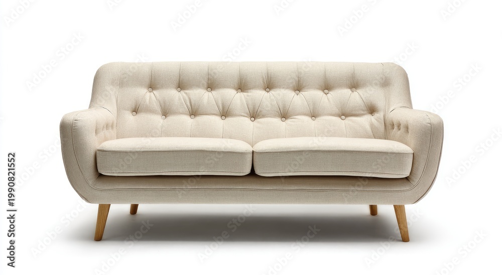 Obraz premium Tufted cream fabric sofa with tapered wooden legs on white background