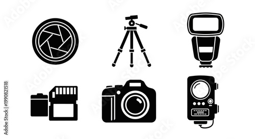 Black photography equipment icons set: camera, lens, tripod, flash, battery, memory card. Digital photo technology vector collection.